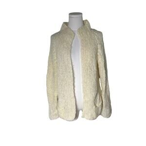 Ivory Fuzzy Knit Open Front Cardigan Cozy Soft Sweater Jacket M/L
